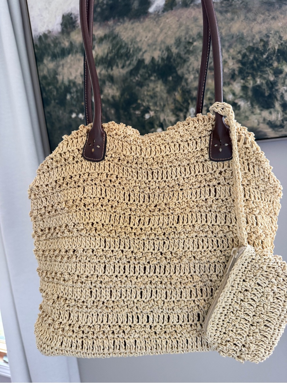 Sonoma Crochet Woven Straw Shoulder Tote in Beige with Dark Brown Handles - Picture 7 of 8